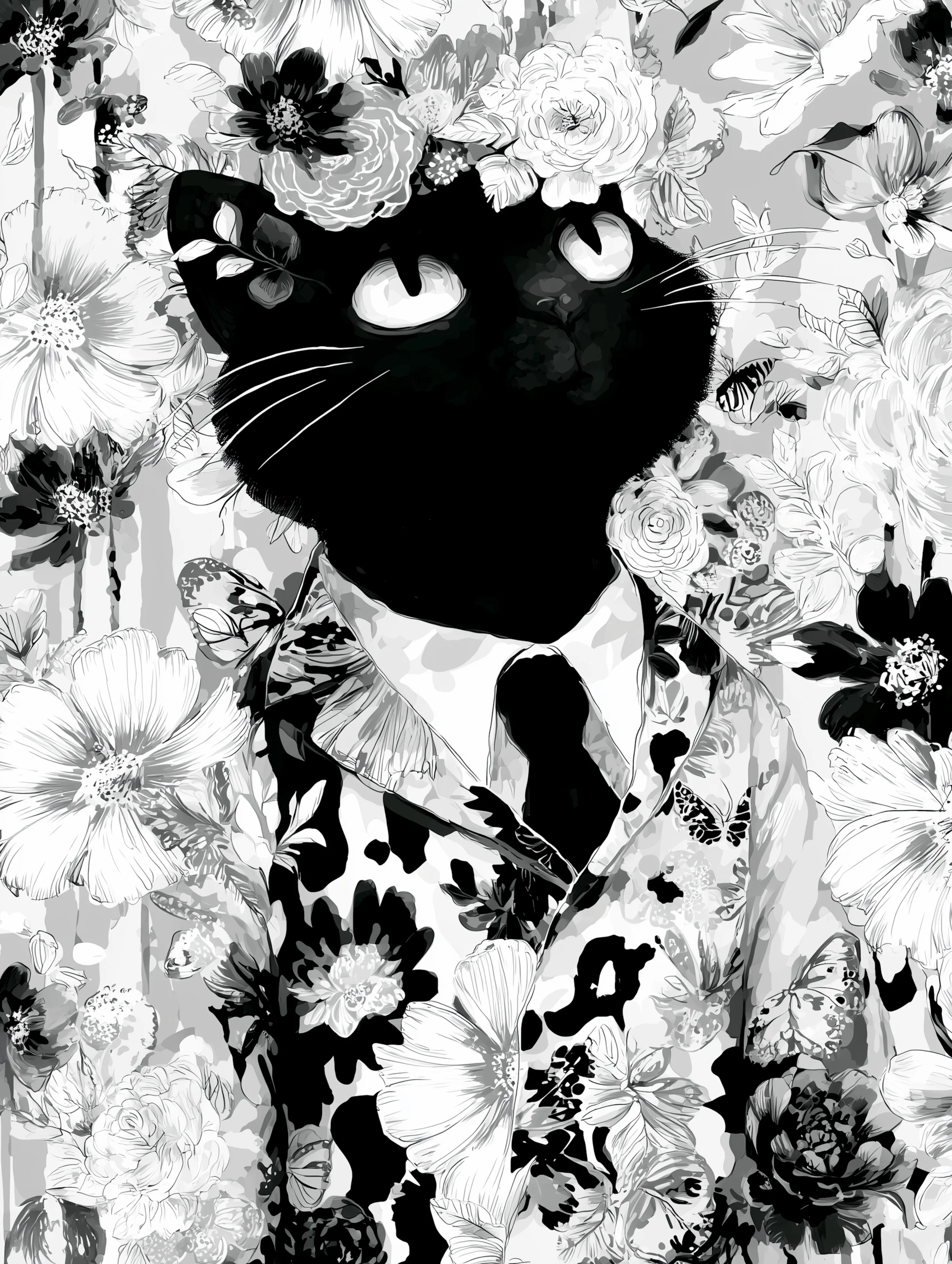 Free printable black cat coloring page for adults featuring black cat wearing a suit